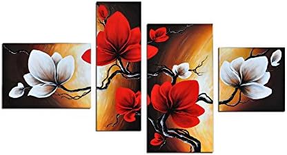 Ное уметност-рамо насликана платна wallидна уметност цвеќиња, пролетен цут лале модерни цветни слики, 4 панели испружени црвени цветни слики