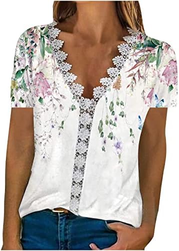 Comigeewa дами маици со краток ракав, цветни печати лабави вклопувани блузи маички V вратот чипка спандекс салон маици E6