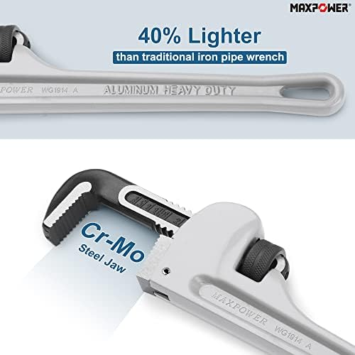 MaxPower 14-инчен клуч за цевки, 40% полесен клуч за водовод на алуминиум, тешки шипки со права цевки вилица максимален капацитет 2 инчи
