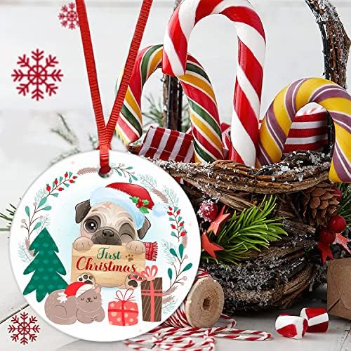 Првиот божиќен круг на божиќна рунда, керамички украсен украс Божиќ, рамен порцелан, за бебе, нови родители Божиќни украси