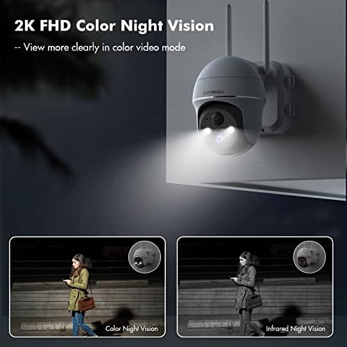 2K безбедносна камера на отворено WiFi со 360 ° PTZ, безжични камери со напојување со батерии Zumimall за домашно надзор, откривање на Spotlight & Siren/PIR/3MP Night Vision/2-насочен разговор/I