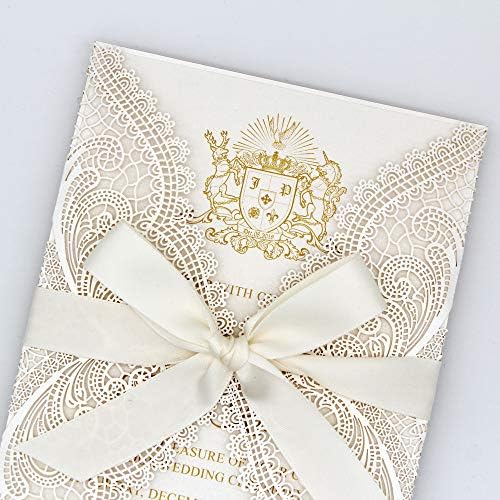Покани за свадбени свадби од слонова коска од 25 пакувања со картички RSVP и лак за лента, елегантен покана за свадба/невестинска