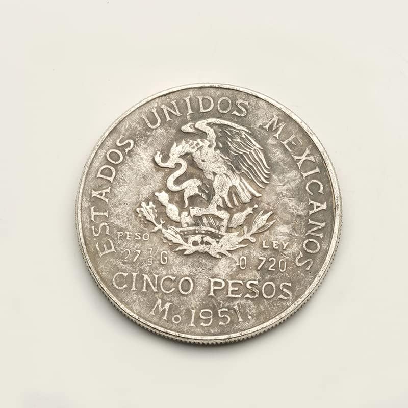 1951 Мексикански 5 пезоси Сребрена Монета Сребрен Долар Американски Орел Океан Антички Океан Сребрен Долар Странска Валута Античка Колекција