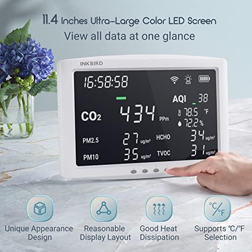 Inkbird 8-во-1 монитор за квалитет на воздухот WiFi, со голем LED екран, открива CO2, PM2.5, PM10, HCHO, TVOC, температура и влажност,