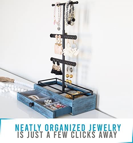 Организатор за накит кула w/ дрвена кутија за складирање на фиоки и држач за прилагодување на ѓердан-Организатор за накит Стенд за нараквици, обетки и повеќе-рустик?