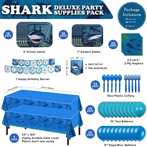 Пакети за резерви на Делукс на ајкула Делукс - Декорации за роденден на ајкула, тема за ајкула, ајкула бебе туш, под морска забава, плочи за