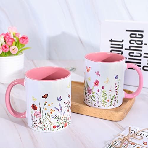 Whaline 2 парчиња летни керамички чаши 12oz пролетни акварели цвеќиња пеперутки кафе чаши розови бели цветни чаши