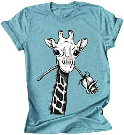 Женски смешни животински графички графички жирафа печати обични кратки ракави летни слатки врвови на маици