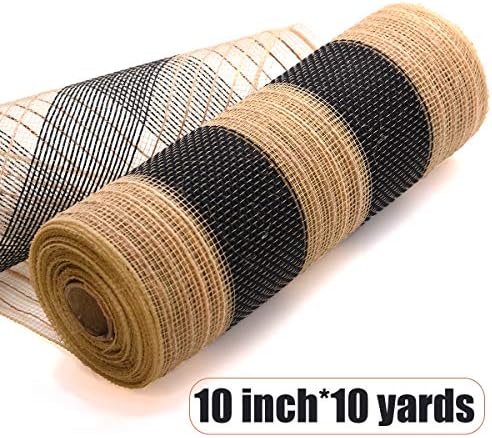 10 инчи x 30 стапки поли украсување мрежа лента јута/црна шарена деко-мрежа ролни за венци, лапчиња за лакови, проекти за украсување