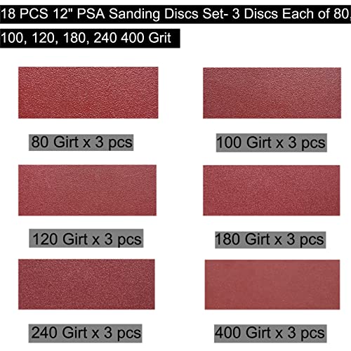 Дискови за пескарење на Sackorange 18 PCS 12 PSA - 3 секој од 80, 100, 120, 180, 240, 400 решетки - 12 -инчни дискови со шкурка со PSA самостојно