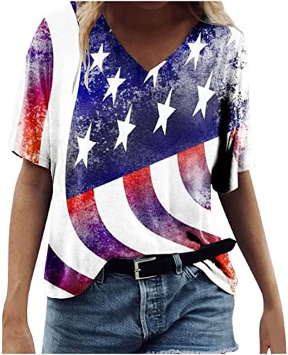 Вклучување на деколте за жени за жени со краток ракав, пеперутка американска знаме секси вратоврска боја врвови маички тинејџери
