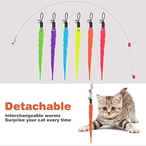 Замена на мачки за мачки за мачки, 6 парчиња крзнени опашки црви со bellвона + играчки за играчки за риболов со мачки, замена