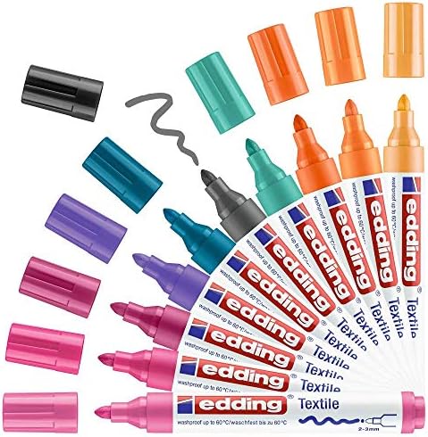 Еддинг 4500 текстил маркер - сет од 10 бои - тркалезна NIB 2-3 mm - Постојани маркери на ткаенини за цртање на текстил, отпорни на миење до 60 ° C - пенкала за маркери за писмо за