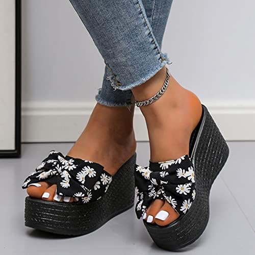 Дами моден летен лак цветни ткаенини со клинови, отворени пети сандали црни клинови сандали за жени со големина 10