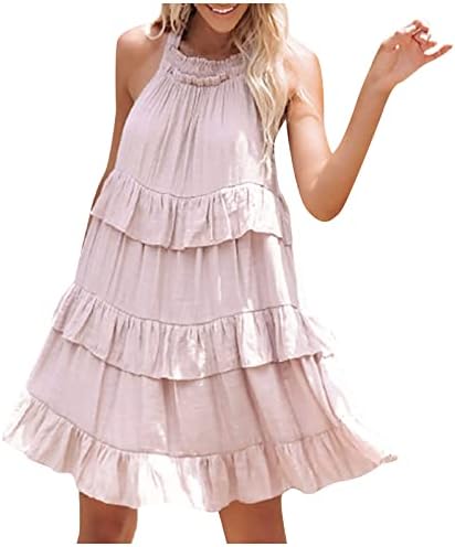 Женски летни фустани случајни, модни жени со цврста боја на шифон фустан од шифон, слоевит лабав обичен фустан