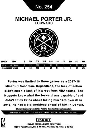 2018-19 NBA Hoops Basketball #254 Michael Porter Jr. Denver Nuggets RC RC Dookie картичка направена од Панини