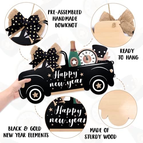 Среќна нова година знак црна златна камионска врата со рачно изработена куглана нова година дрвена врата декор знак новогодишна