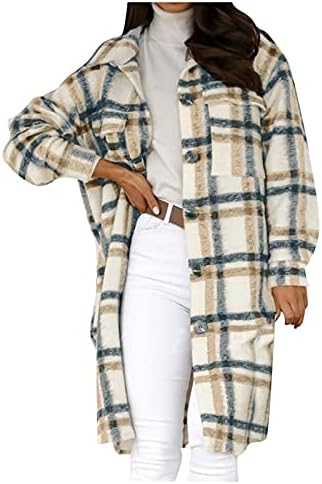 Narhbrg женски долги шекети јакна дами волна мешавина карирана долга јакна копче надолу кошула лапел есен зимски топли палта