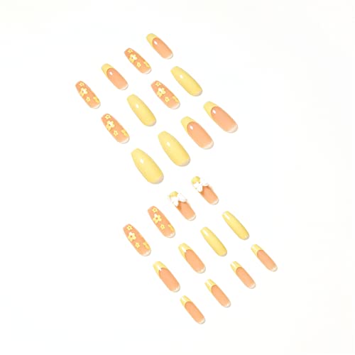 Ковчег Лажни Нокти Долг Балет Целосно Покривање Притиснете На Ноктите 24 Парчиња француски Жолти Цветови Совет За Уметност На Нокти Со Кутија За Салони ЗА Нокти И Ж?