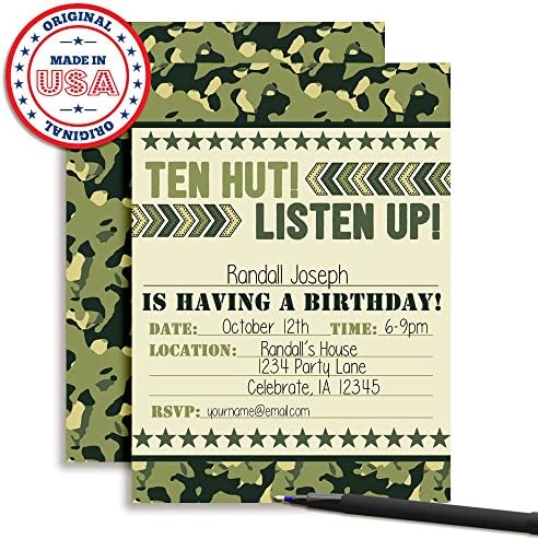 Десет колиба! Покани за роденденска забава во армијата, 20 5 „x7“ пополнуваат картички со дваесет бели коверти од Амандакреацијата.
