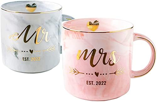 Подароци за свадби на Вилит за парови во брак со 2022 година - г -дин и г -ѓа ЕСТ 2022 чаши - Сет за мермерни кафе -чаши