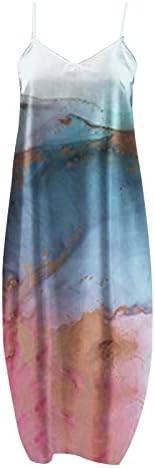 Летна женска вратоврска боја макси фустан обичен v вратот без ракави трендовски лабава камизола долг фустан со џебови