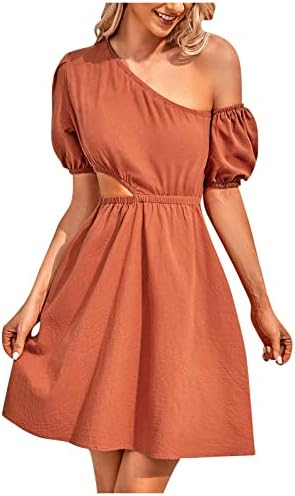 Fragarn летни фустани за жени 2023 година, женски моден обичен v-врат со цврста боја на половината со кратки ракави фустан со фустан од руф