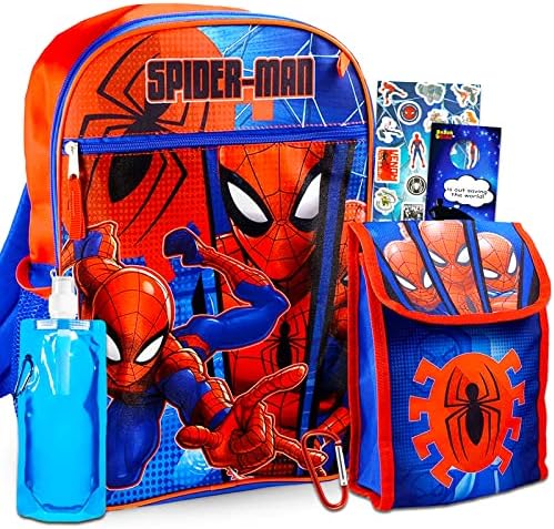 Марвел Спајдермен ранец со кутија за ручек 5 ~ пакет со компјутер со училишна торба Спајдермен, торба за ручек, шише со вода, налепници