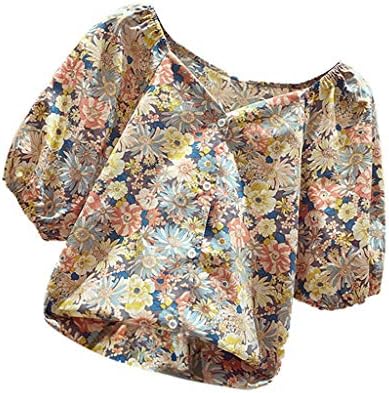 врвови за ракави на Lcepcy puff за жени цветни печатени V вратот копче надолу блузи, лето лето што излегува кошули маица маица