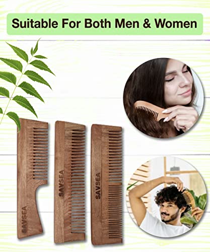 Savsea neem дрвен чешел за мажи и жени пакет од 3 комбо и бамбус пупки од памучно уво 240 брои