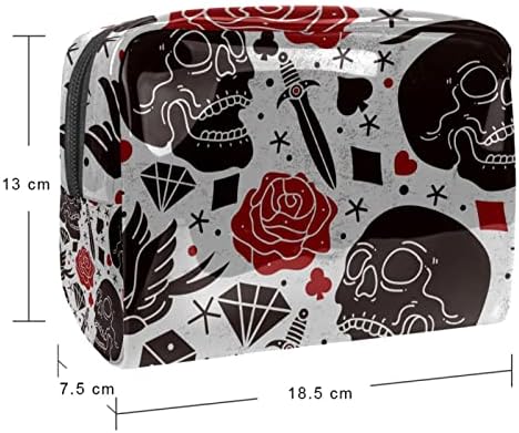 Тоалетна Торба Патна Торба, Водоотпорна Шминка Козметичка Торба За Патување Организатор За Додатоци, Сив Череп Црвена Роза Срце Дијамант Цвет