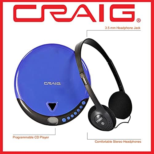 CRAIG CD2808-BL личен ЦД плеер со слушалки во сина и црна | Преносен и програмибилен ЦД плеер | ЦД/ЦД-Р компатибилен | Случајни и повторувани режими на репродукција |
