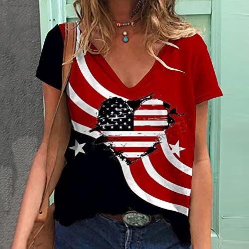 Маица на 4 јули за жени трендовски ден на независност на врвот на летните кошула со краток ракав Патриотски САД знаме V вратот