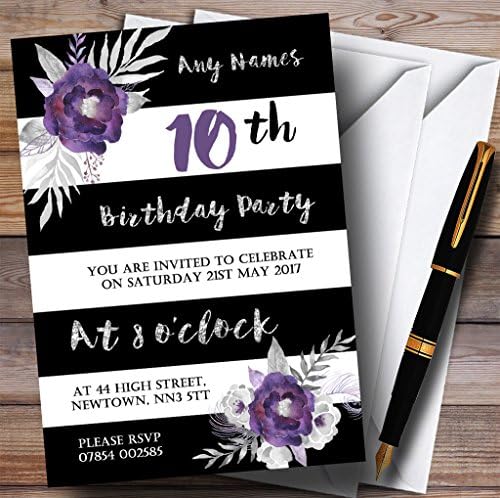 Црн Бел Сребрен Виолетов Цвет 10-Ти Персонализирани Покани За Роденденска Забава