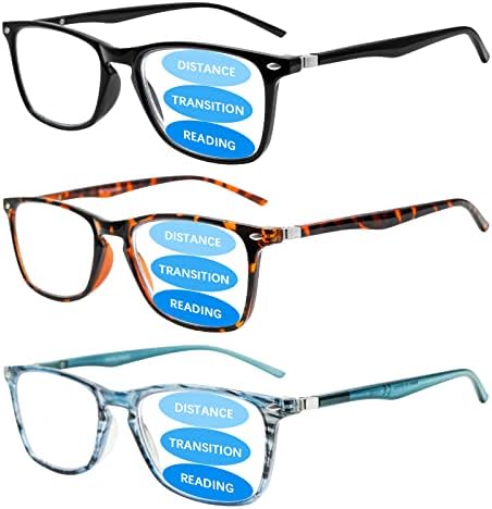 Sumkyle 3 пакет Прогресивни очила за читање на мултифокус за мажи жени сини светло блокирање на пролетни шарки компјутерски читатели