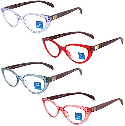 4 Пакет Очила За Читање Блокирање На Сина Светлина За Жени Кристал Мачкино Око Стилски Читатели Со Меки Торбички Лесни Очила Против Замор На Очите/Отсјај/УВ 1.50