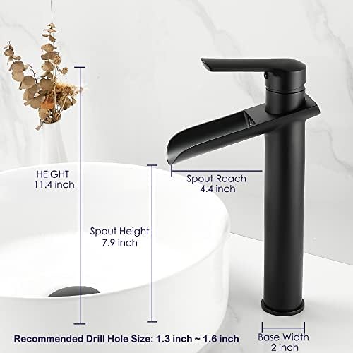 Fbuke Matte Black Fauct Faucet со проток на водопади - вклучува 304 не'рѓосувачки челик Поп -доп и сертифицирани црева CUPC - Совршена тапа за единечни дупки за мијалник за бања