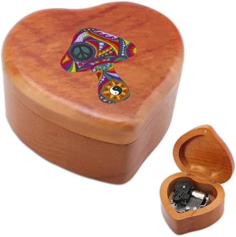 Психоделична печурка гроздобер дрвена часовник музичка кутија во облик на срцева кутија подароци за семејни пријатели на lубовници