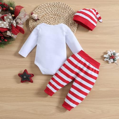 Boutikome новороденче бебе момче Божиќна облека Среќен Божиќ со долг ракав ромпер новороденче карирани ленти панталони XMAS HAT 3 парчиња