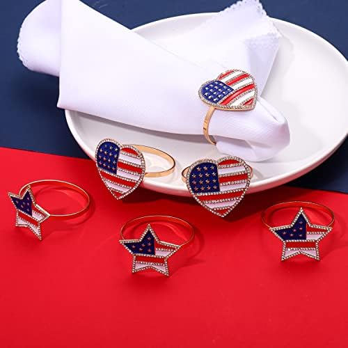 VogueKnock 4 -ти јули прстени од салфетки сет од 6 rynestone American Flag Stars starsвезди држач на салфетка прстени патриотски салфетки Ден
