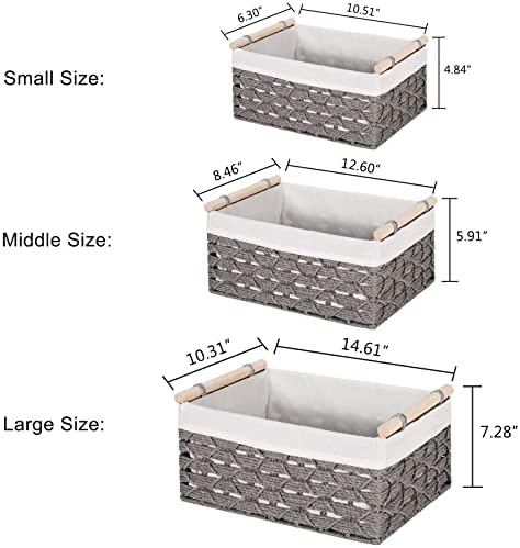 Вагусиќ Ткаени Кошница За Складирање, Рачно Ткаени Круг Хартија Јаже Плетен Кошница За Складирање Со Памук Лагер И Дрвени Рачки, Плетен Кошеви