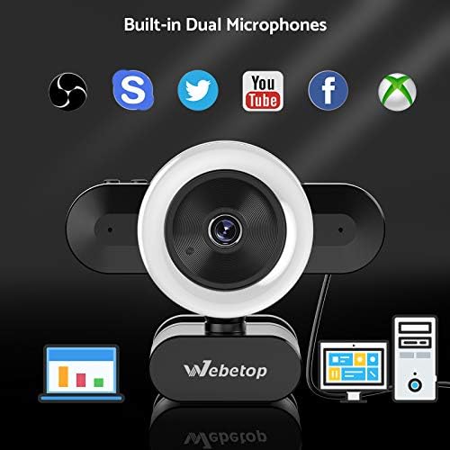 Веб-камера Со Микрофон, 2к Веб-Камера СО Прилагодлива Ротација На Прстенестото Светло 360°За Компјутери, Зумирање, Skype, Xbox, OBS,
