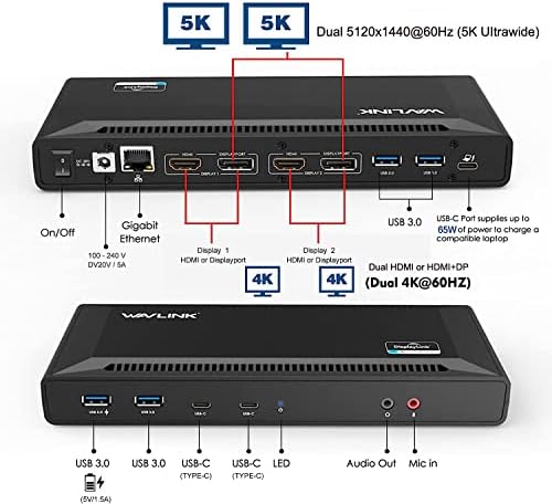 Wavlink Universal USB C лаптоп докинг станица Двојни монитори 5K/4K@60Hz со полнење на домаќинот 65W за Thunderbolt 4/3, USB-C Windows,