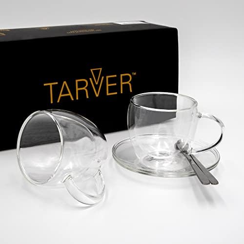 Тарвер-Двојно Ѕид Изолирани Стакло Кафе/Чај Чаша Со Чинија и Лажица 5 fl оз, јасно