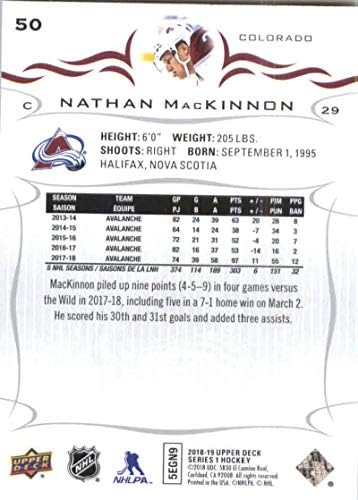 2018-19 хокеј картичка на горната палуба 50 Натан Мекинон Колорадо Лавина Официјална картичка за трговија со УД
