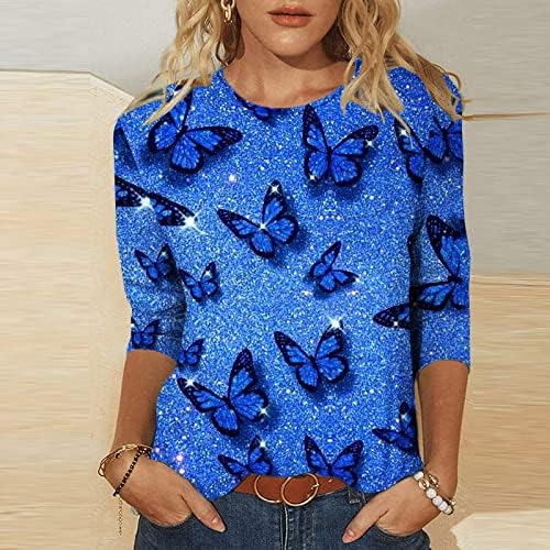 Симпатични врвови за жени 3/4 ракав неонска пеперутка печатена маица летна екипаж Туника врвови дами облечени во обична блуза врвови