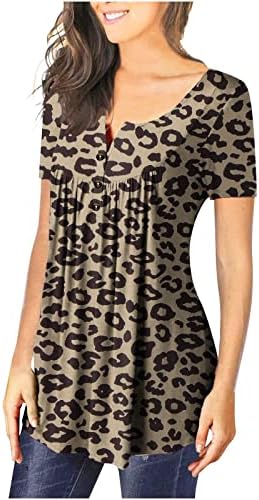 Женски обични врвови на туники леопард печати краток ракав одблесок лабава шиница до маици со блузи врвови на блузи