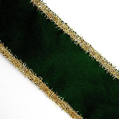 Италијански опции за Божиќна лента со кадифени ливчиња - жичен раб - зелено шише