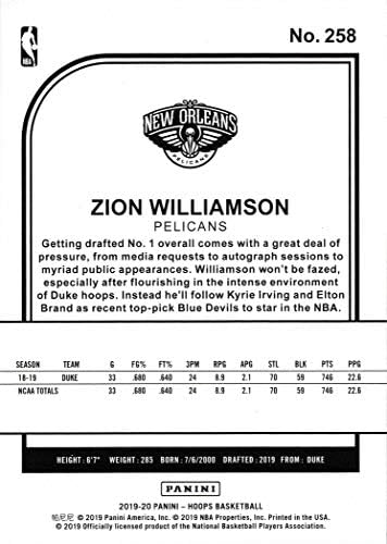 2019-20 Панини НБА-обрачи кошарка 258 Зион Вилијамсон дебитантска картичка Пеликанс