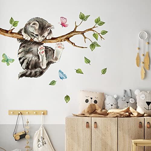 Јовки мачка на гранки на дрвја wallидни декорации налепници, маче од расадник за животни, зелени лисја бебешки деца спална соба дома украси уметност уметност